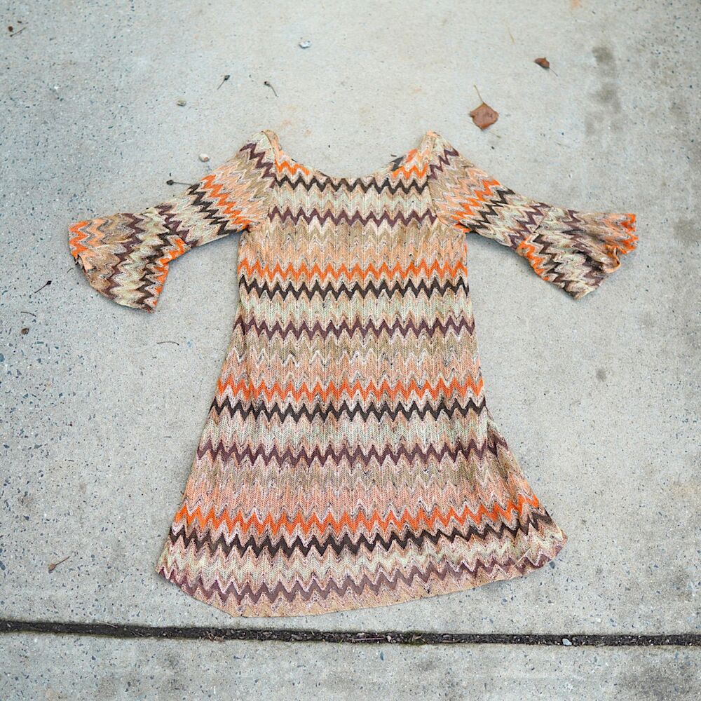 Judith March Chevron Knit Mini Dress S Orange Bell Sleeve Criss Cross Back